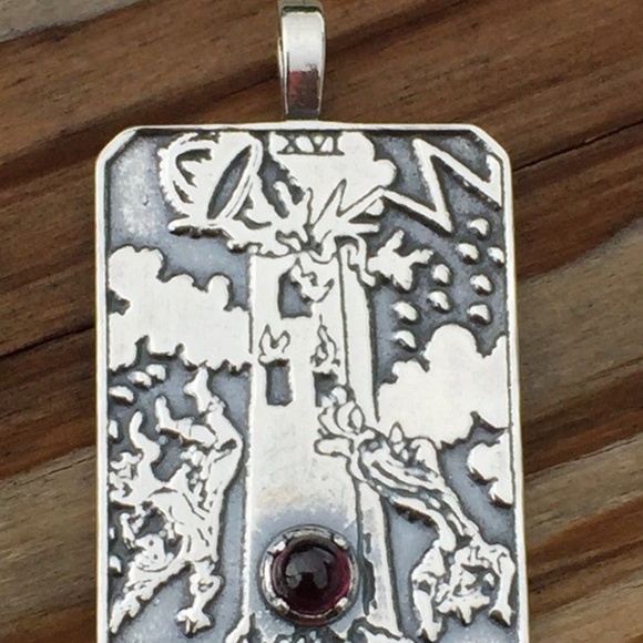 Tower Tarot Card Pendant .925 Sterling Silver w/ genuine Garnet made in USA - Picture 2 of 4